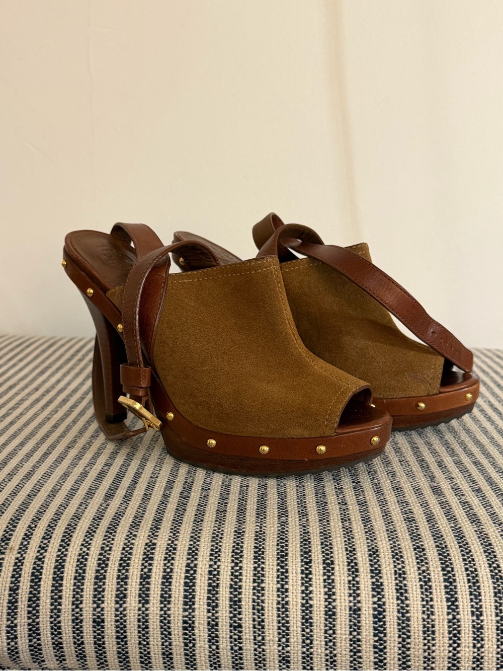 Tory Burch Brown Suede & Leather High Heel Clog Mules